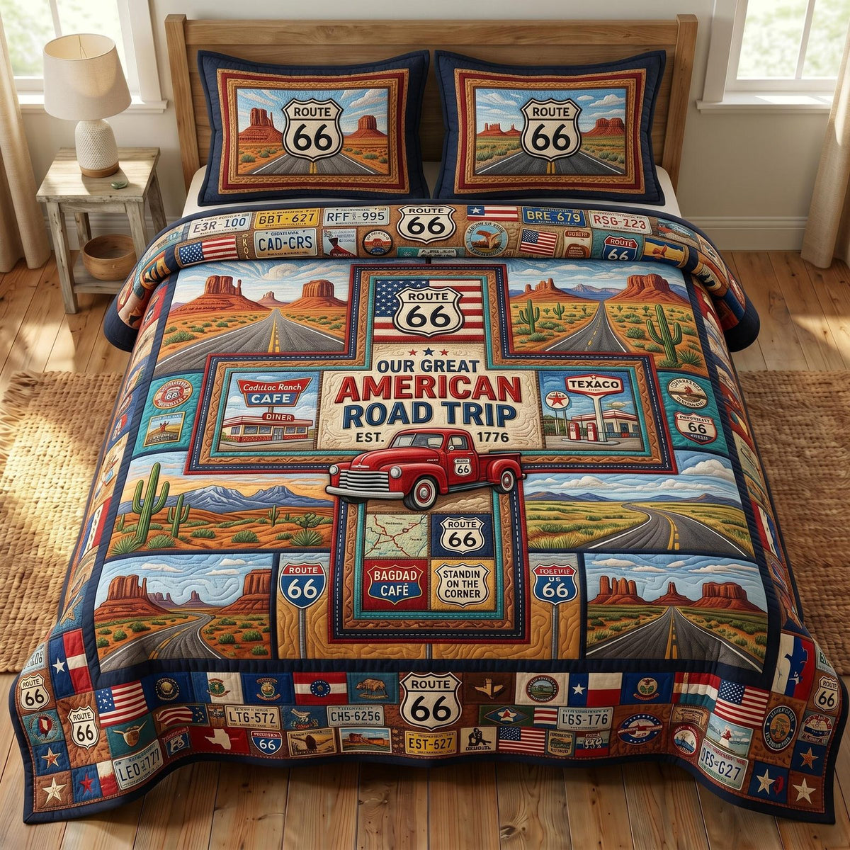 Route 66 quilted 3-piece bedding set on a made bed with two matching pillow shams