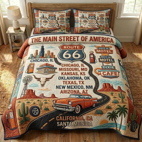 Route 66 quilted 3-piece bedding set on a made bed with two matching pillow shams