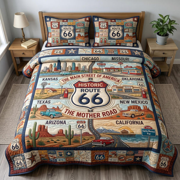 Route 66 quilted 3-piece bedding set on a made bed with two matching pillow shams
