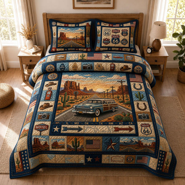 Route 66 Road Trip quilted 3-piece bedding set on a made bed with two matching pillow shams