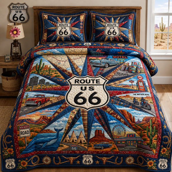 Route 66 Road Trip quilted 3-piece bedding set on a made bed with two matching pillow shams