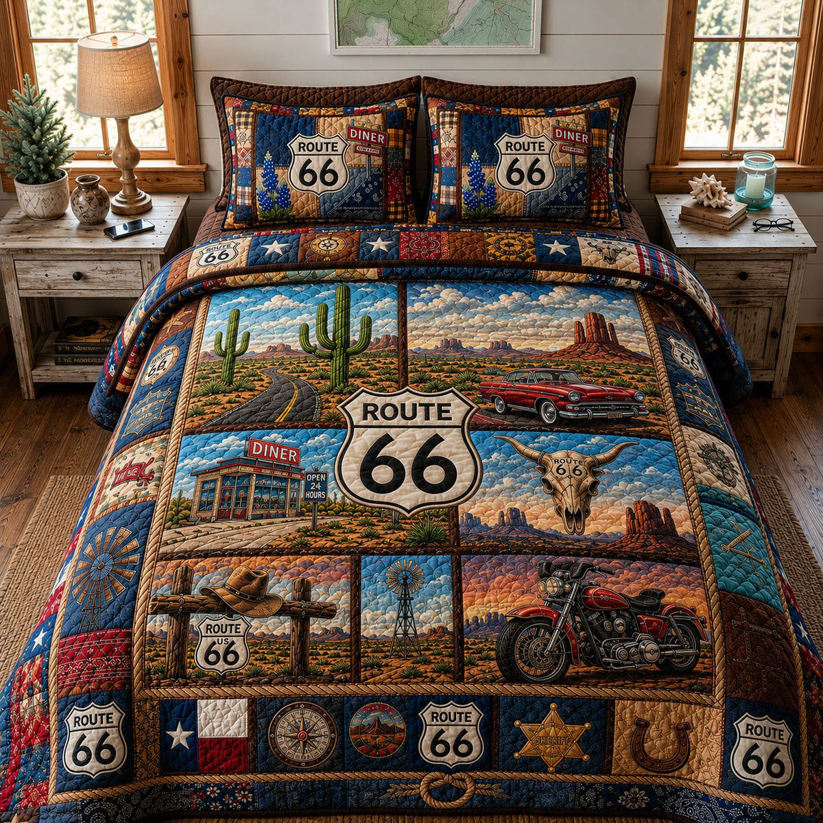 Route 66 Road Trip quilted 3-piece bedding set on a made bed with two matching pillow shams