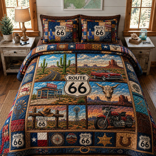 Route 66 Road Trip quilted 3-piece bedding set on a made bed with two matching pillow shams