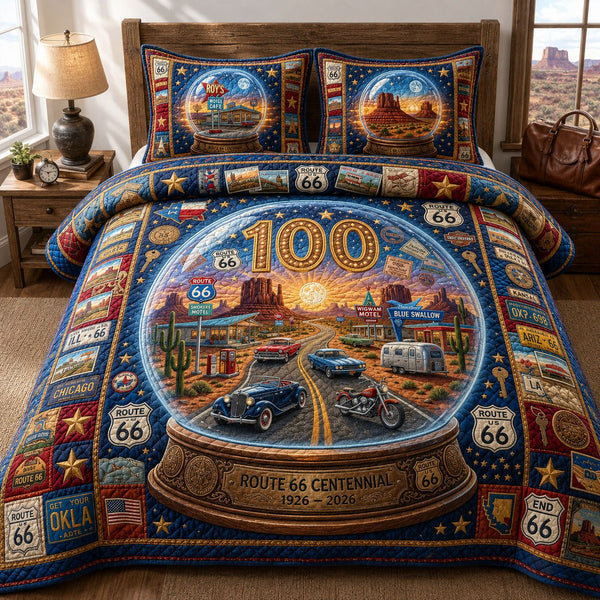 Route 66 Snow Globe Universe quilted 3-piece bedding set on a made bed in a softly lit bedroom