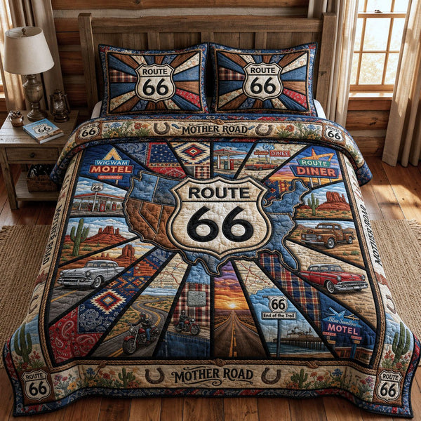 Route 66 The Mother Road quilted 3-piece bedding set on a made bed with two matching pillow shams