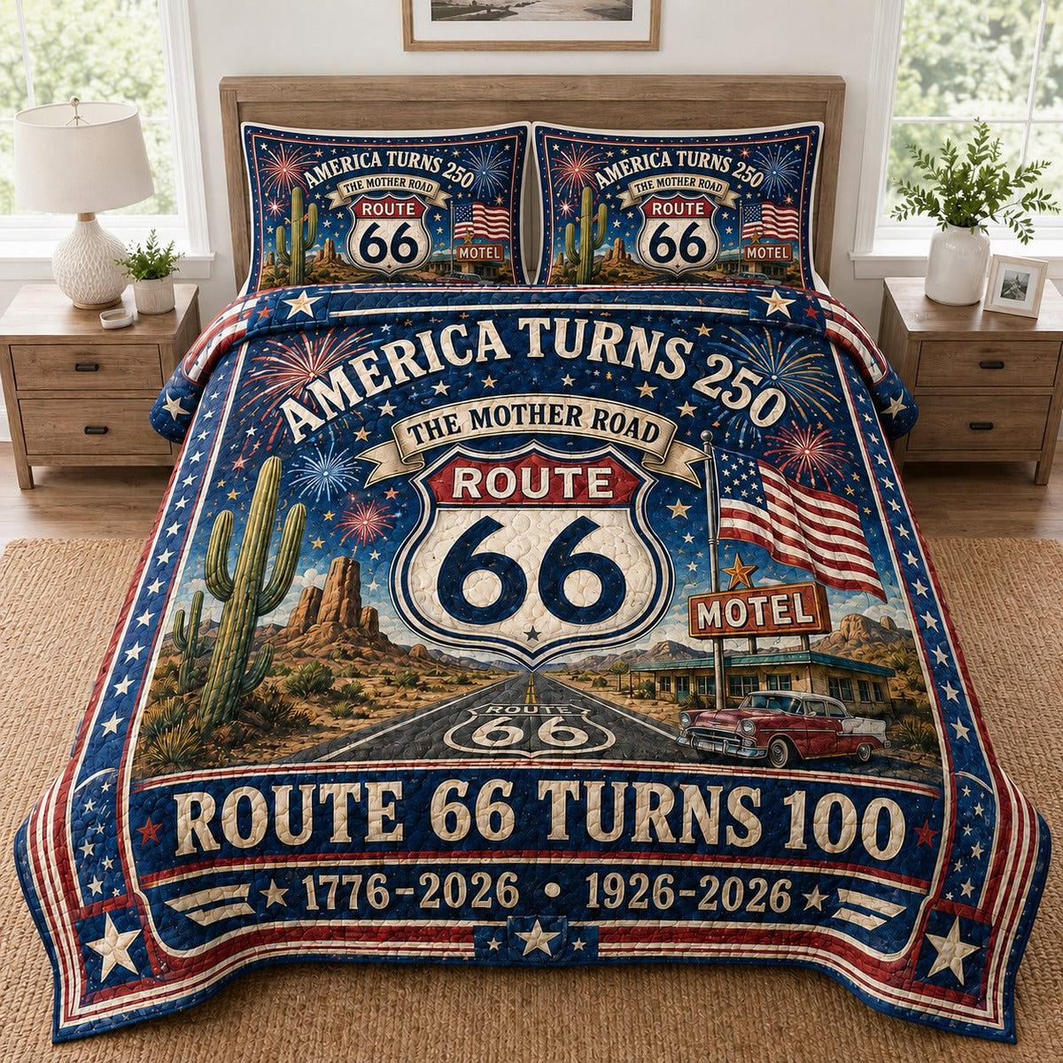 Route 66 Turn 100 quilted 3-piece bedding set on a made bed with two matching pillow shams