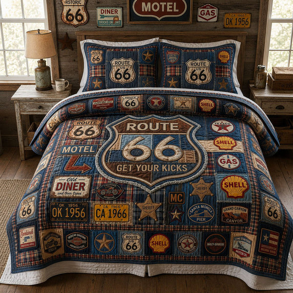 Route 66 Vintage Collection quilted 3-piece bedding set on a made bed in a farmhouse bedroom
