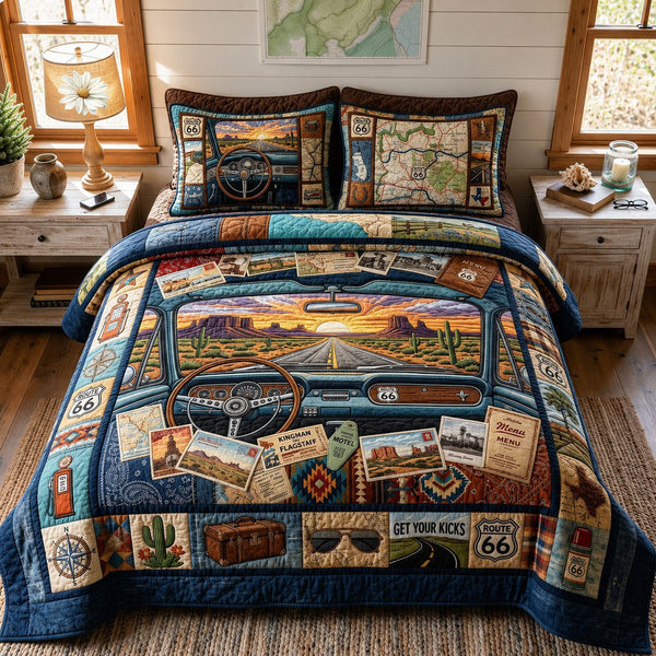 Route 66 Window View quilted 3-piece bedding set on a made bed with two matching pillow shams