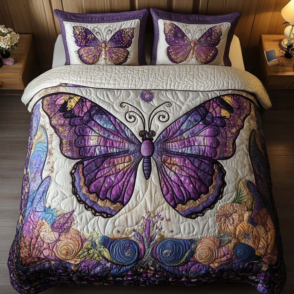 Royal Amethyst quilted 3-piece bedding set on a made bed with two matching pillow shams
