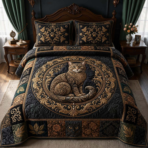 Royal Baroque Cat quilted 3-piece bedding set on a made bed with two matching pillow shams