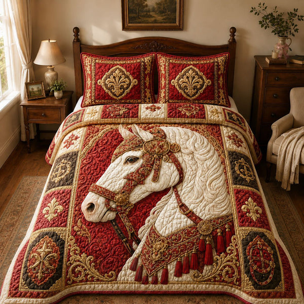 Royal Baroque White Stallion quilted 3-piece bedding set on a made bed in a rustic timber bedroom