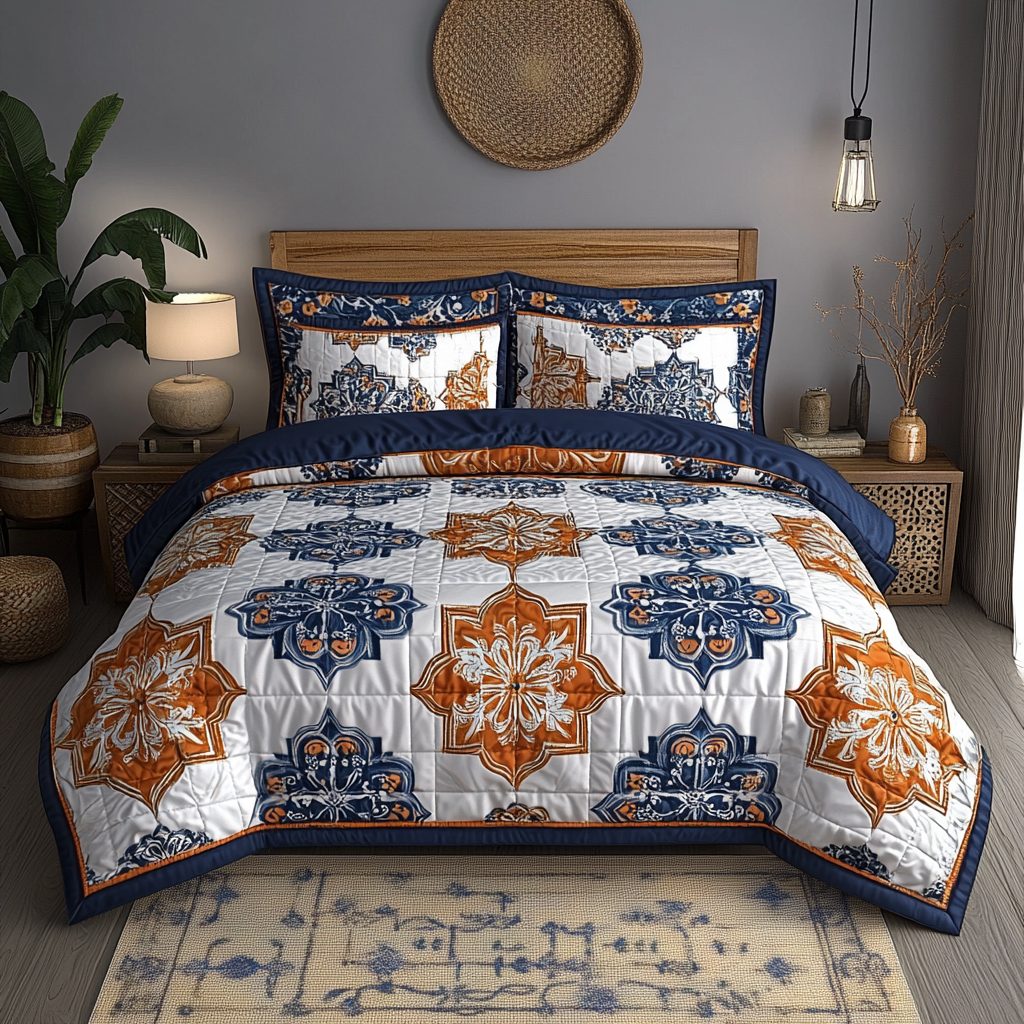 Royal Blue Elegance quilted 3-piece bedding set on a made bed with two matching pillow shams