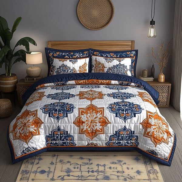 Royal Blue Elegance quilted 3-piece bedding set on a made bed with two matching pillow shams