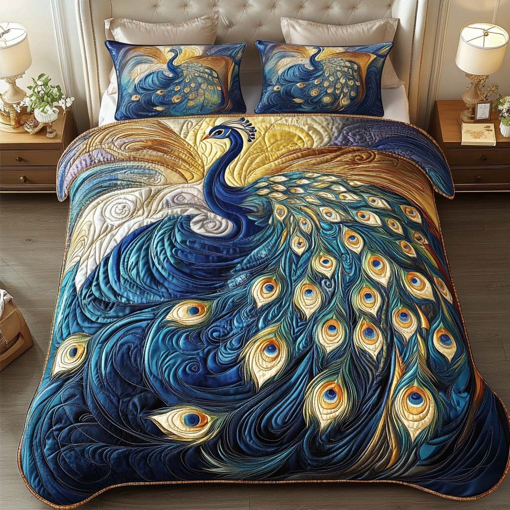 Royal Blue Radiance quilted 3-piece bedding set on a made bed with two matching pillow shams