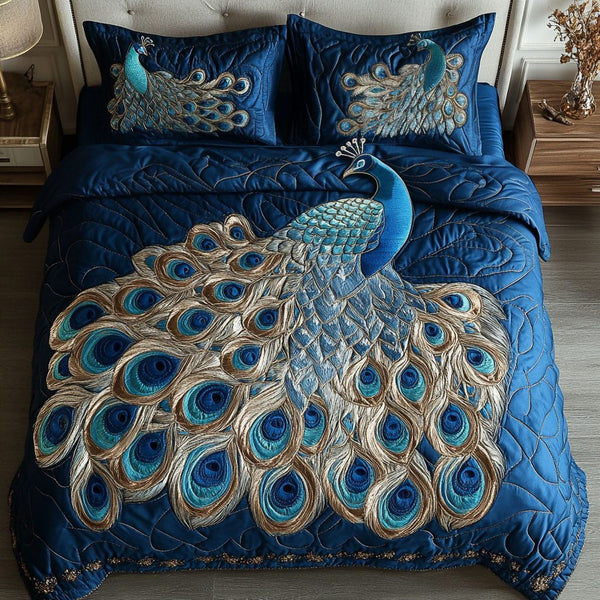 Royal Blue Splendor quilted 3-piece bedding set on a made bed with two matching pillow shams