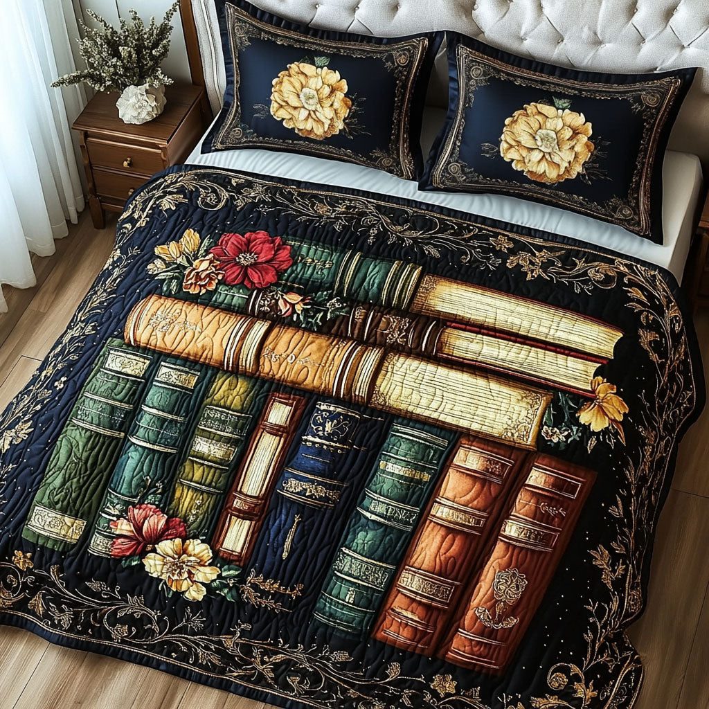 Royal Book Chamber quilted 3-piece bedding set on a made bed with two matching pillow shams