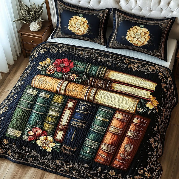 Royal Book Chamber quilted 3-piece bedding set on a made bed with two matching pillow shams