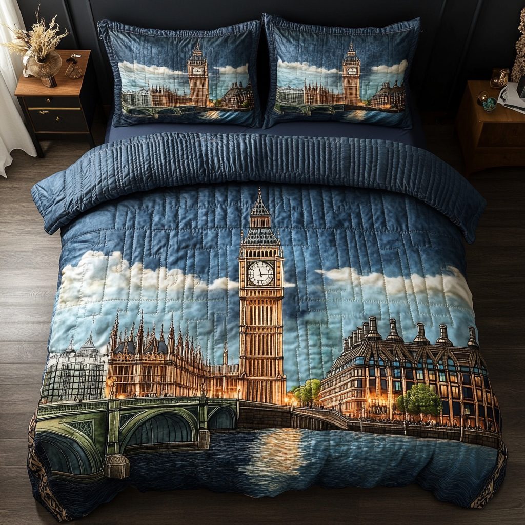 Royal Bridge quilted 3-piece bedding set on a made bed with two matching pillow shams
