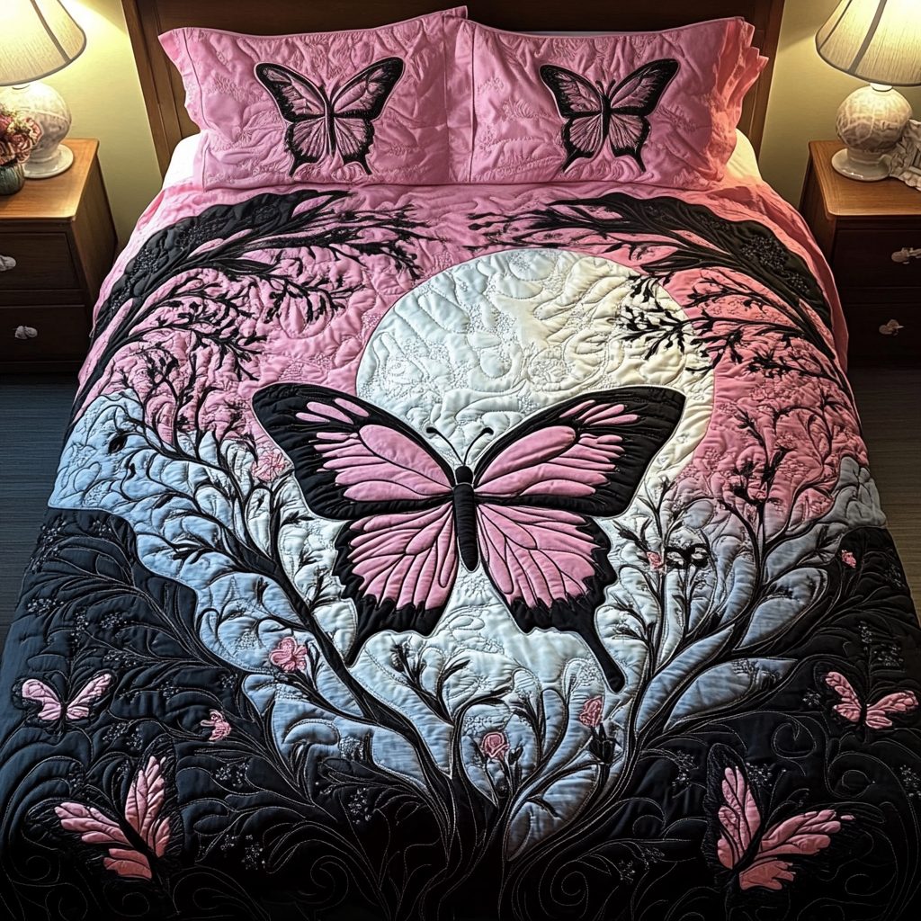 Royal Butterfly quilted 3-piece bedding set on a made bed with two matching pillow shams