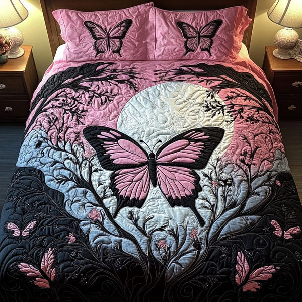 Royal Butterfly quilted 3-piece bedding set on a made bed with two matching pillow shams