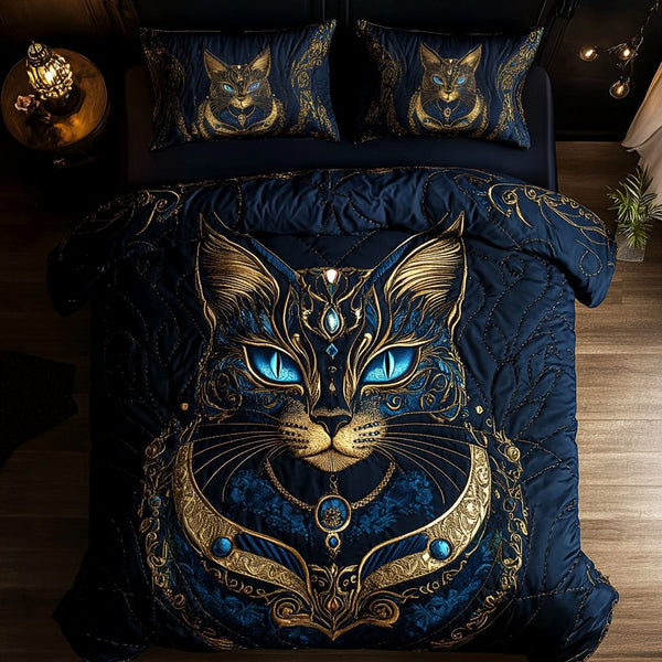 Royal Cat quilted 3-piece bedding set on a made bed with two matching pillow shams