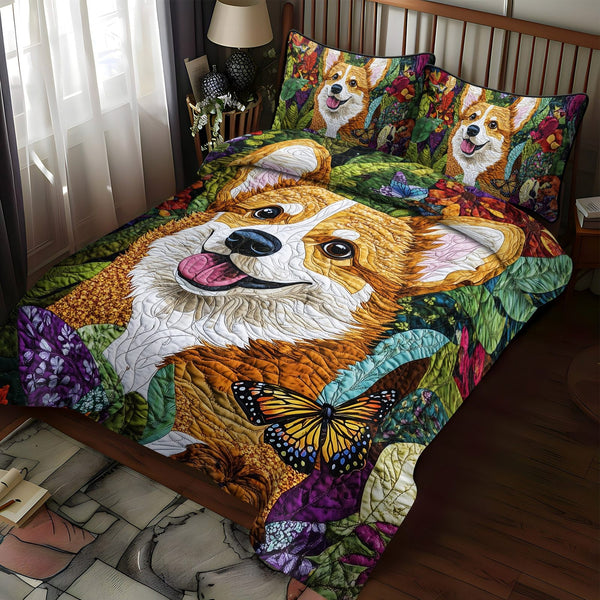 Royal Corgi Charm quilted 3-piece bedding set on a made bed with two matching pillow shams