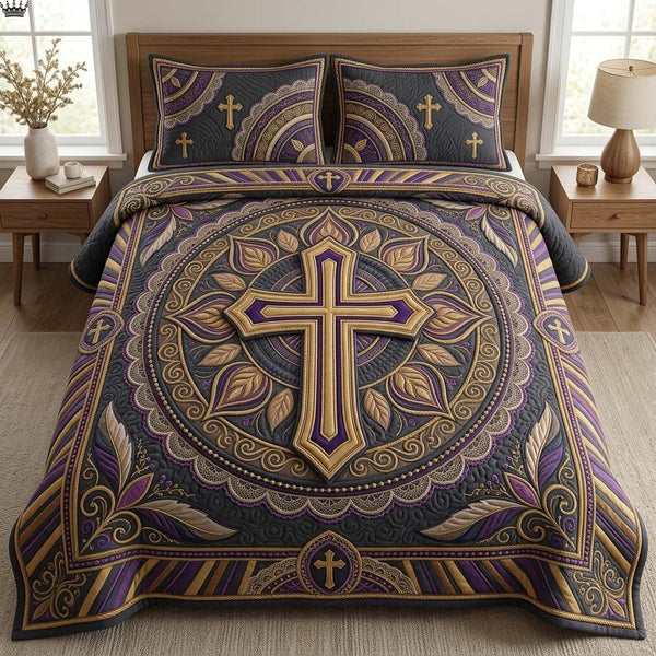 Royal Cross Grace quilted 3-piece bedding set on a made bed in a softly lit bedroom