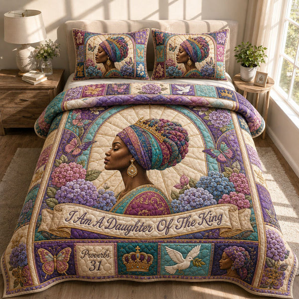 Royal Daughter Of the King quilted 3-piece bedding set on a made bed with two matching pillow shams