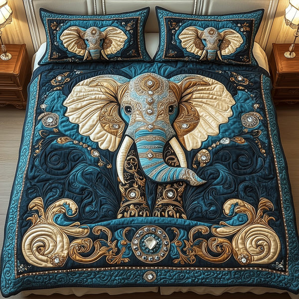 Royal Elephant Dreams quilted 3-piece bedding set on a made bed with two matching pillow shams