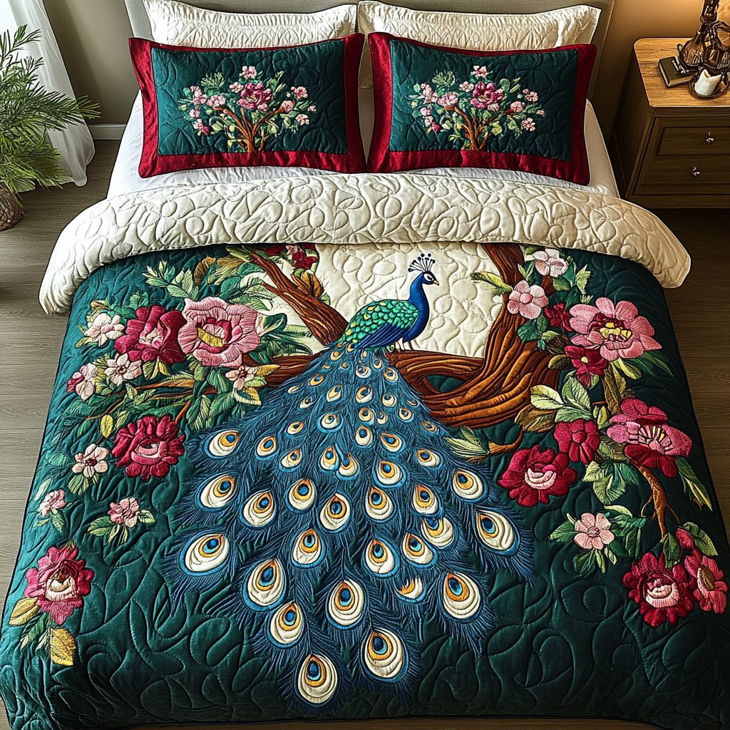 Royal Feathers quilted 3-piece bedding set on a made bed with two matching pillow shams