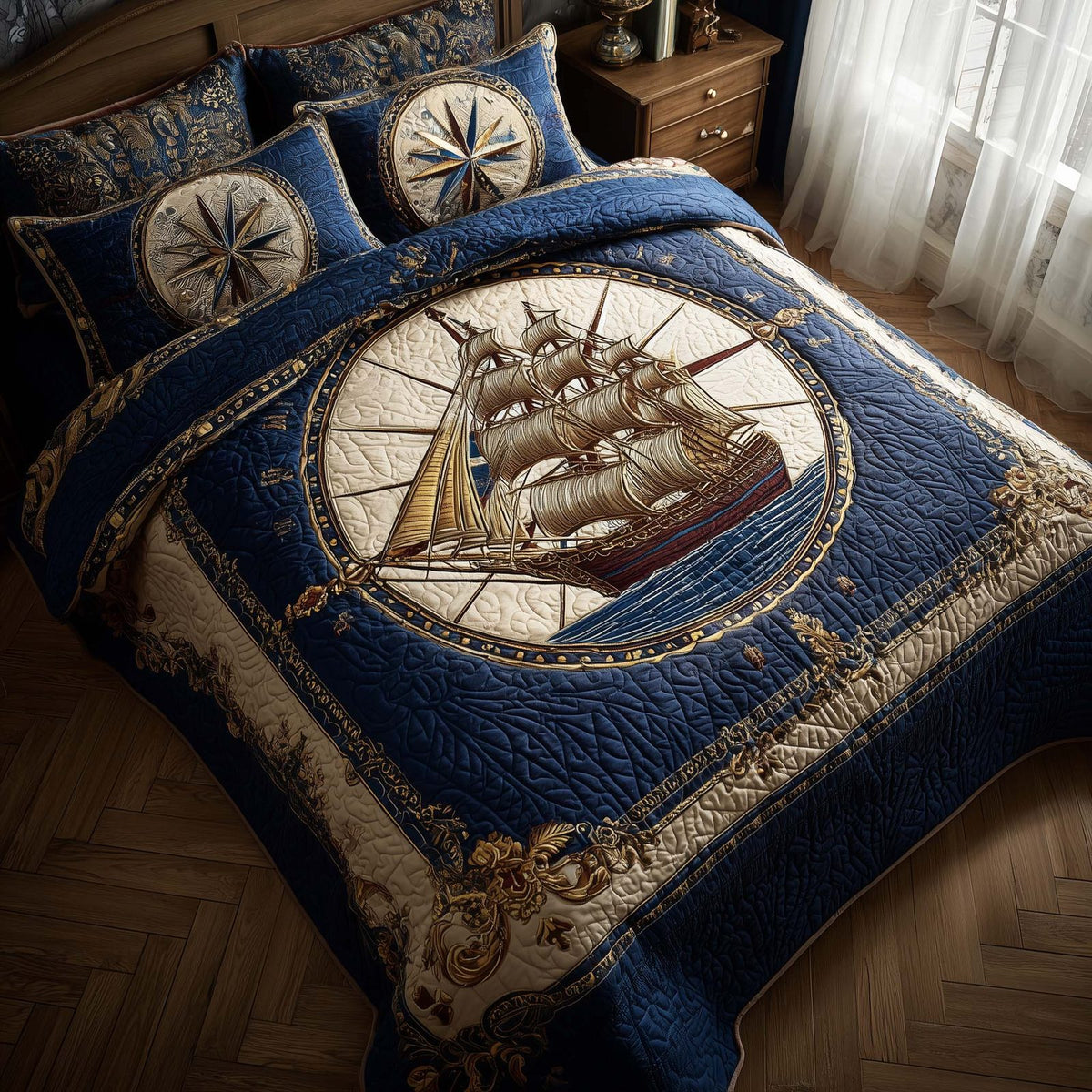 Royal Fleet quilted 3-piece bedding set on a made bed with two matching pillow shams