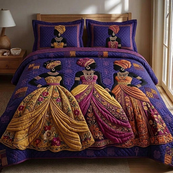 Royal Glow quilted 3-piece bedding set on a made bed with two matching pillow shams