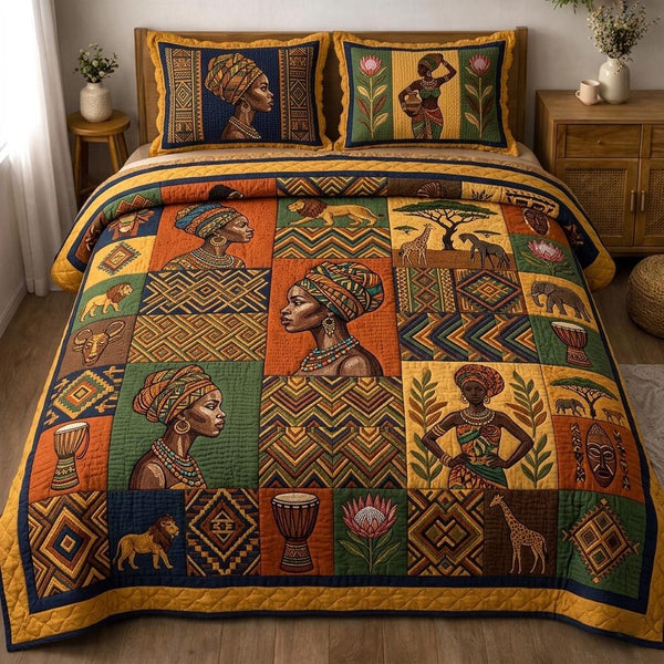 Royal Glow quilted 3-piece bedding set on a made bed with two matching pillow shams