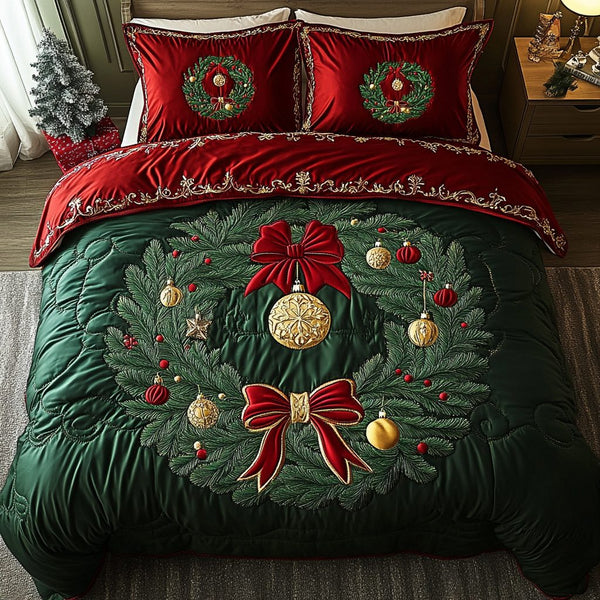 Royal Holiday Charm quilted 3-piece bedding set on a made bed in a winter-styled bedroom