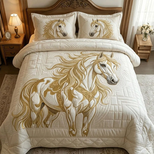 Royal Horse quilted 3-piece bedding set on a made bed in a rustic timber bedroom