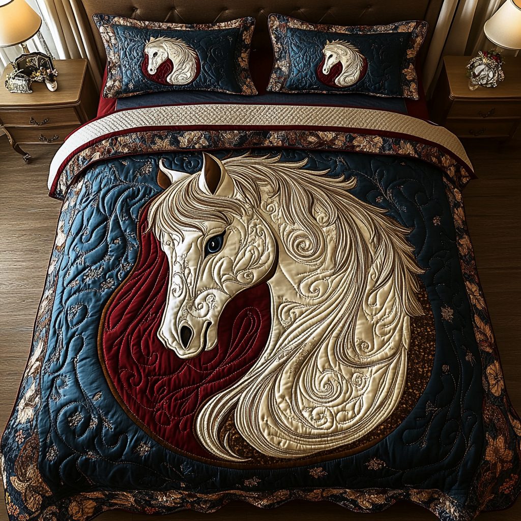Royal Horse quilted 3-piece bedding set on a made bed in a rustic timber bedroom