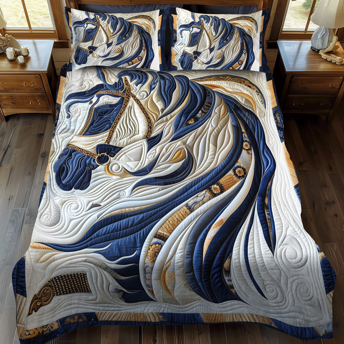 Royal Horse quilted 3-piece bedding set on a made bed in a rustic timber bedroom