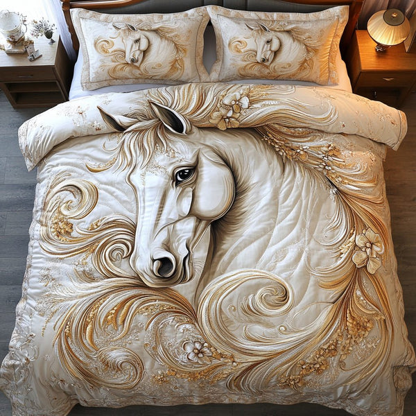 Royal Horse quilted 3-piece bedding set on a made bed in a rustic timber bedroom