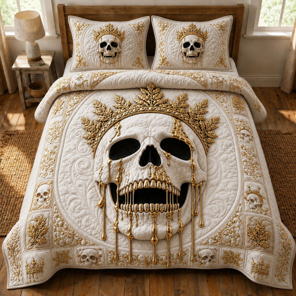 Royal Ivory Skull quilted 3-piece bedding set on a made bed against a dark styled interior