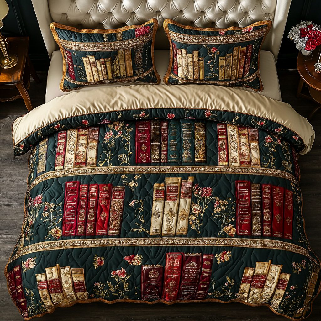 Royal Library quilted 3-piece bedding set on a made bed with two matching pillow shams