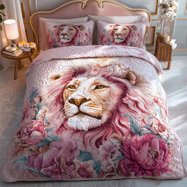 Royal Lion quilted 3-piece bedding set on a made bed with two matching pillow shams