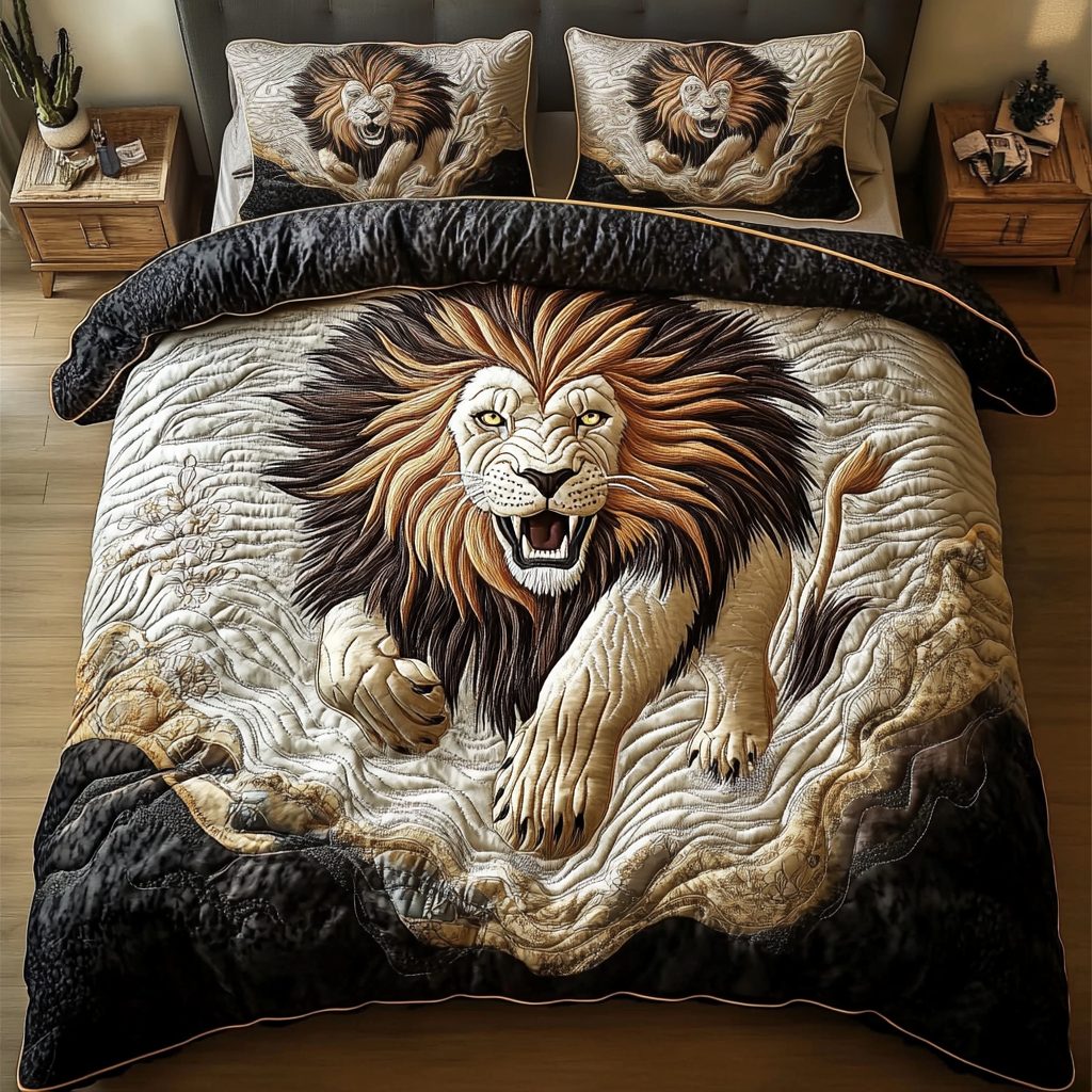 Royal Mane quilted 3-piece bedding set on a made bed with two matching pillow shams