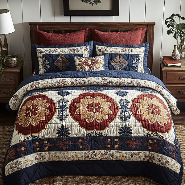 Royal Medallion Quilt quilted 3-piece bedding set on a made bed with two matching pillow shams