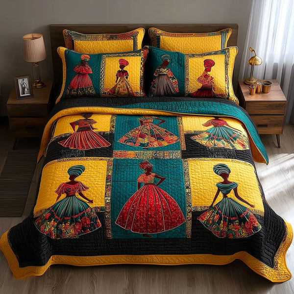 Royal Melanin quilted 3-piece bedding set on a made bed with two matching pillow shams