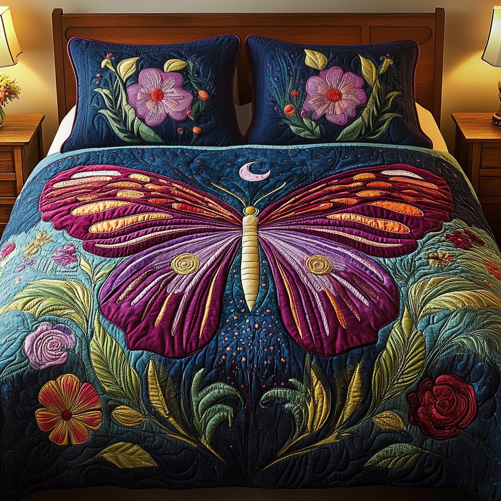 Royal Monarch quilted 3-piece bedding set on a made bed with two matching pillow shams