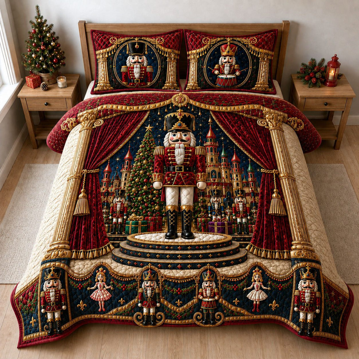 Royal Nutcracker Celebration quilted 3-piece bedding set on a made bed in a winter-styled bedroom