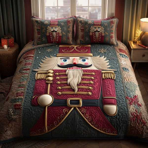 Royal Nutcracker quilted 3-piece bedding set on a made bed in a winter-styled bedroom