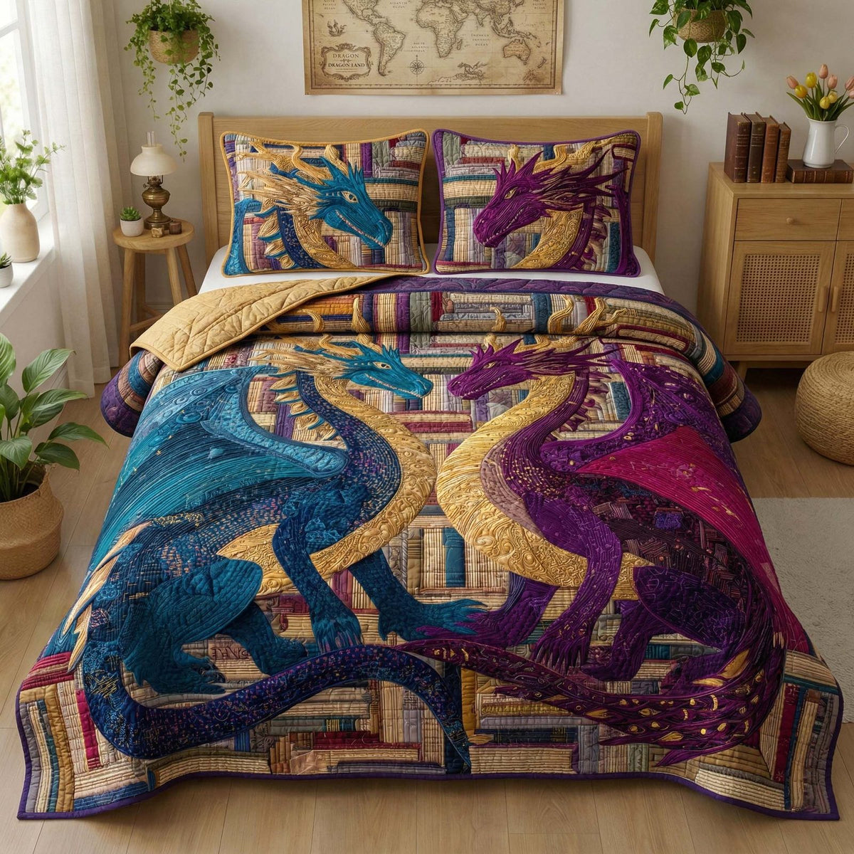 Royal Pair quilted 3-piece bedding set on a made bed with two matching pillow shams