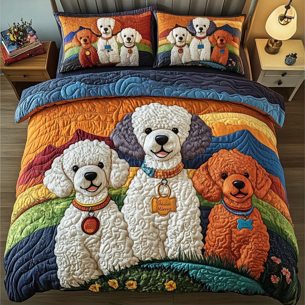 Royal Paws quilted 3-piece bedding set on a made bed with two matching pillow shams