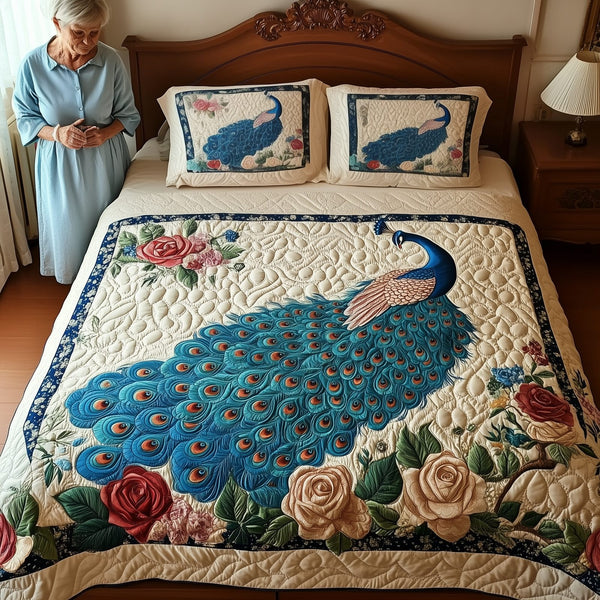 Royal Peacock quilted 3-piece bedding set on a made bed with two matching pillow shams